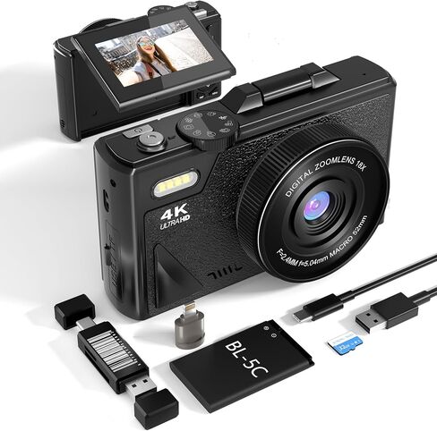 كاميرات رقمية 4K للتصوير الفوتوغرافي: 64 MP 18x Zoom Point Compact Point و SHOOT Cameras Cameras for YouTube مع شاشة 3 بوصة 180 درجة وبطاقة 32 جيجابايت للبالغين المراهقين المبتدئين الأسود in Kuwait