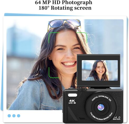 كاميرات رقمية 4K للتصوير الفوتوغرافي: 64 MP 18x Zoom Point Compact Point و SHOOT Cameras Cameras for YouTube مع شاشة 3 بوصة 180 درجة وبطاقة 32 جيجابايت للبالغين المراهقين المبتدئين الأسود in Kuwait