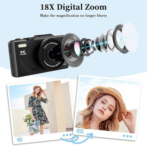 كاميرات رقمية 4K للتصوير الفوتوغرافي: 64 MP 18x Zoom Point Compact Point و SHOOT Cameras Cameras for YouTube مع شاشة 3 بوصة 180 درجة وبطاقة 32 جيجابايت للبالغين المراهقين المبتدئين الأسود in Kuwait