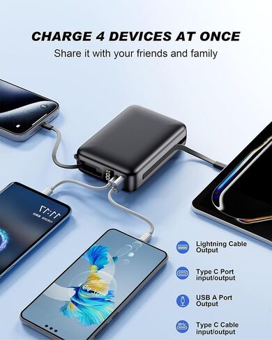 Portable Charger Power Bank 50000mAh ، شاحن الهاتف المحمول PD 22.5W شحن سريع باور بانك مدمج في كابل ، 4 شاشة LED للإخراج لـ iPhone 16 15 14 13 Samsung Android iPad in Saudi Arabia