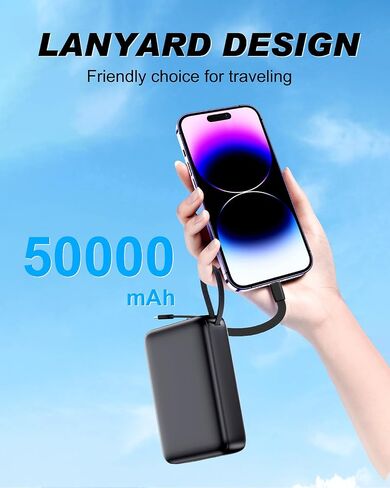 Portable Charger Power Bank 50000mAh ، شاحن الهاتف المحمول PD 22.5W شحن سريع باور بانك مدمج في كابل ، 4 شاشة LED للإخراج لـ iPhone 16 15 14 13 Samsung Android iPad in Saudi Arabia