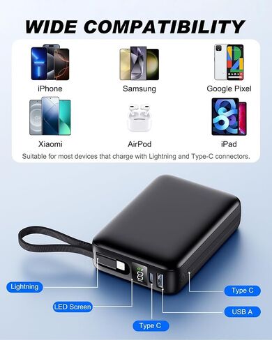 Portable Charger Power Bank 50000mAh ، شاحن الهاتف المحمول PD 22.5W شحن سريع باور بانك مدمج في كابل ، 4 شاشة LED للإخراج لـ iPhone 16 15 14 13 Samsung Android iPad in Saudi Arabia