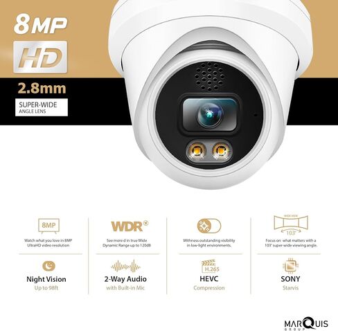 4K 8MP POE IP Turret Dome Camera مع الميكروفون ، زاوية عريضة 2.8 مم ، 24/7 رؤية ليلية كاملة ، الضوء المزدوج ، كاميرا أمان داخلية IP67 IP67 in Kuwait