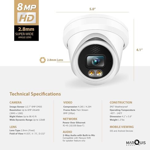 4K 8MP POE IP Turret Dome Camera مع الميكروفون ، زاوية عريضة 2.8 مم ، 24/7 رؤية ليلية كاملة ، الضوء المزدوج ، كاميرا أمان داخلية IP67 IP67 in Kuwait