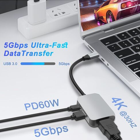 XMSJSIY USB Type-C HUB 3 في 1 محول فاصل متعدد الأطوار مع 4K HDMI و 5GBPS USB 3.0 و 100W TYPE-C PD نقل البيانات السريعة والشحن للكمبيوتر المحمول ، الكمبيوتر ، الهاتف التلفزيوني -1pcs in Kuwait
