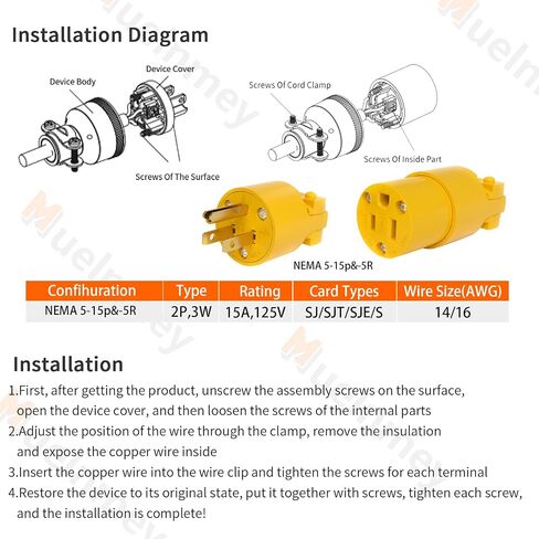 1PCS Extension Cord Ends Electrical Replacement Connector NEMA 5-15R 15A 125V Yellow Shell 2 Pole 3 Wire Grounding Female Straight blade electric plug replacement power cord socket,UL Listed. in Saudi Arabia