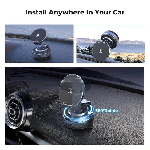 K&F Concept 360° Vacuum Magnetic Car Mount, Foldable Magnetic Phone Holder for Car, 3 Axis Adjustable Magnetic Phone Holder for You Car and Smooth Surface, Compatible with All Cellphones in Saudi Arabia