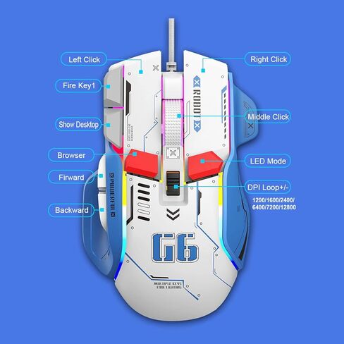 Wired Gaming Mouse, 6 Speed, 12800DPI, 10 Buttons, Macro Programmable Wired RGB Gaming Mouse with 13 RGB Lighting Modes (White) in Kuwait