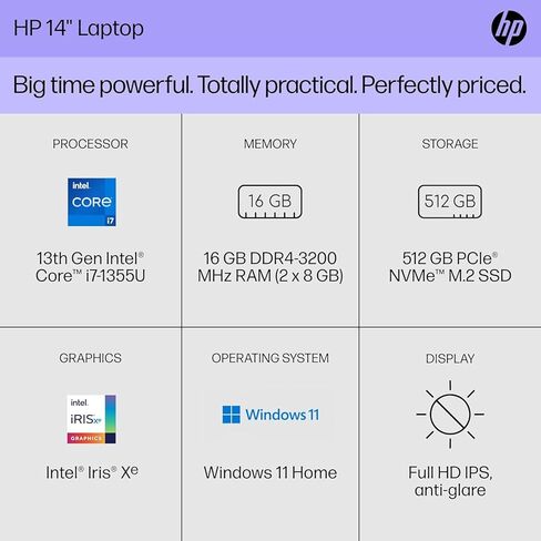 جهاز كمبيوتر محمول رفيع HP 14 بوصة ، شاشة FHD ، الجيل الثالث عشر Intel Core I7-1355U ، 32 جيجابايت ذاكرة الوصول العشوائي in Kuwait