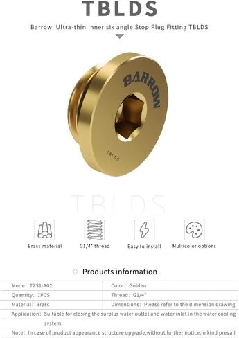Barrow G1/4 "تركيب قابس التوقف الرقيق ، مقبس سداسي داخلي ، ذهبية in Saudi Arabia