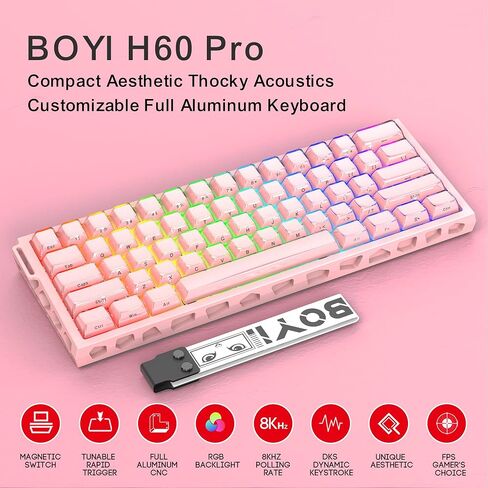 Boyi H60Pro Hollow Aluminium Rapid Trigger Switch Magnetic Switch 60 ٪ لوحة مفاتيح ميكانيكية ، تأثير قاعة 8K RGB RGB سلكية جماليات مفتاح ألعاب CNC (وردي كريستال جيلي كبس) in Kuwait
