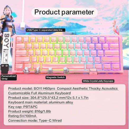 Boyi H60Pro Hollow Aluminium Rapid Trigger Switch Magnetic Switch 60 ٪ لوحة مفاتيح ميكانيكية ، تأثير قاعة 8K RGB RGB سلكية جماليات مفتاح ألعاب CNC (وردي كريستال جيلي كبس) in Kuwait