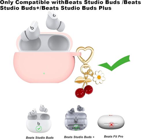 Protective Case for Beats Studio Buds Case, Studio Buds Plus,Cute Cherry Charm Keychain,Pink Print Soft Silicone Case Daisy Key Chains for Beats Studio Buds+ Earbuds for Women Men Pink in Saudi Arabia