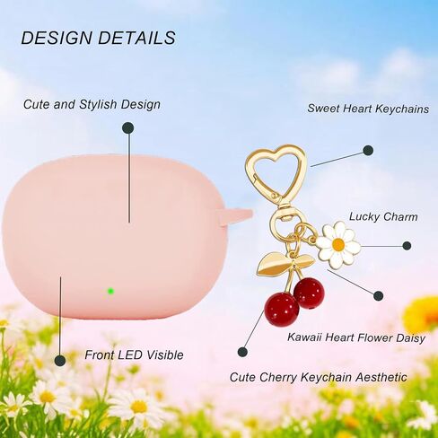 Protective Case for Beats Studio Buds Case, Studio Buds Plus,Cute Cherry Charm Keychain,Pink Print Soft Silicone Case Daisy Key Chains for Beats Studio Buds+ Earbuds for Women Men Pink in Saudi Arabia