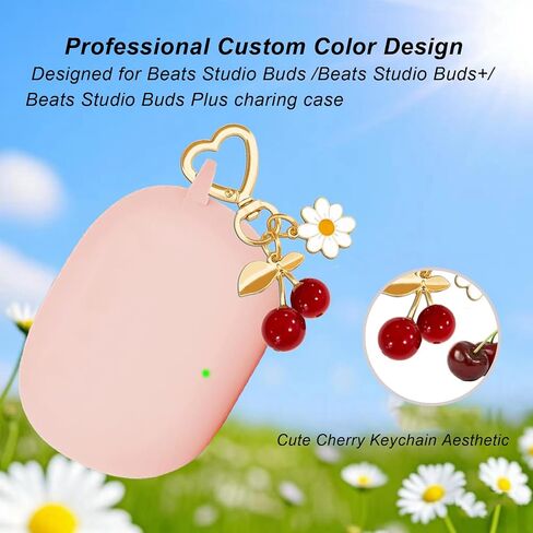 Protective Case for Beats Studio Buds Case, Studio Buds Plus,Cute Cherry Charm Keychain,Pink Print Soft Silicone Case Daisy Key Chains for Beats Studio Buds+ Earbuds for Women Men Pink in Saudi Arabia