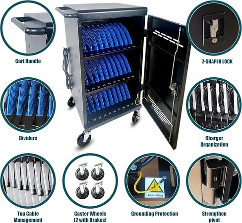30-Unit Mobile Charging Cart - Open Charging Station Rack for 14-inch Chromebooks and Tablets -  Tablet Organizer Station with Cable Management and Charger Organization(Black) in Kuwait