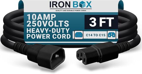 IronBox Electric - Heavy-Duty C14 to C15 PC Power Cable - 10A, 250V, 18/3 SJT - IEC 320 Computer Power Supply Extension Cords - PSU Wire Connectors - Versatile for Home and Office Use(Black, 3 Foot) in Kuwait