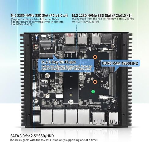 Firewall Mini PC N355 Quad Core, 4 x 2.5GbE i226V LAN, DDR5 0GB RAM 0GB NVMe SSD, Barebone, Fanless Computer Hardware, Micro Router Appliance, AES-NI, OPNsense, TF Slot, with 1v4 Nvme Adapter in Saudi Arabia
