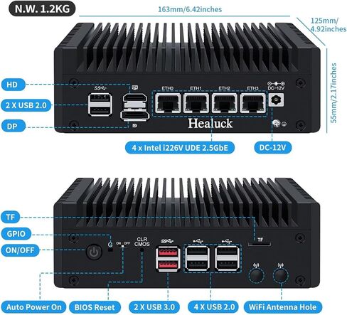 Firewall Mini PC N355 Quad Core, 4 x 2.5GbE i226V LAN, DDR5 0GB RAM 0GB NVMe SSD, Barebone, Fanless Computer Hardware, Micro Router Appliance, AES-NI, OPNsense, TF Slot, with 1v4 Nvme Adapter in Saudi Arabia