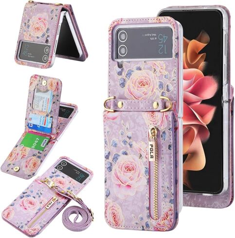 علبة الهاتف لـ Samsung Galaxy Z Flip 3 Wallet Phone Cover ، فتحات بطاقة السوستة مع حزام Crossbody قابل للتعديل مع Kickstand ، نمط الورد لطيف! in Kuwait