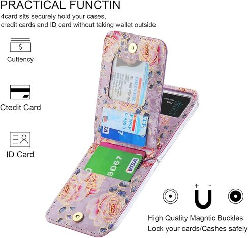 علبة الهاتف لـ Samsung Galaxy Z Flip 3 Wallet Phone Cover ، فتحات بطاقة السوستة مع حزام Crossbody قابل للتعديل مع Kickstand ، نمط الورد لطيف! in Kuwait