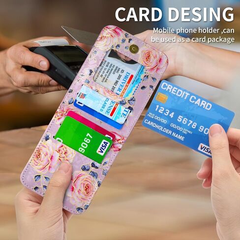 علبة الهاتف لـ Samsung Galaxy Z Flip 3 Wallet Phone Cover ، فتحات بطاقة السوستة مع حزام Crossbody قابل للتعديل مع Kickstand ، نمط الورد لطيف! in Kuwait