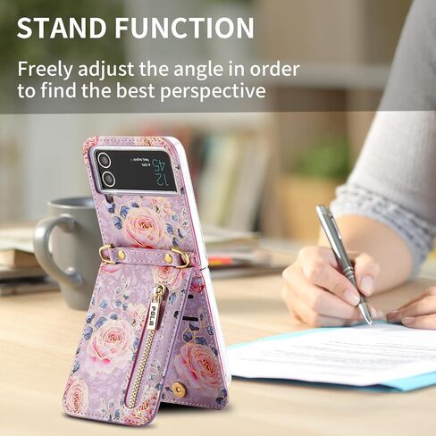 علبة الهاتف لـ Samsung Galaxy Z Flip 3 Wallet Phone Cover ، فتحات بطاقة السوستة مع حزام Crossbody قابل للتعديل مع Kickstand ، نمط الورد لطيف! in Kuwait