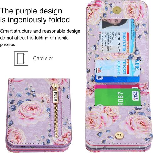 علبة الهاتف لـ Samsung Galaxy Z Flip 3 Wallet Phone Cover ، فتحات بطاقة السوستة مع حزام Crossbody قابل للتعديل مع Kickstand ، نمط الورد لطيف! in Kuwait
