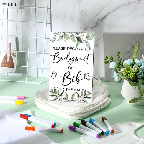 Roowest 35 Pcs Baby Shower Bibs Games Design Wooden Baby Shower Party Game Sign DIY Bodysuit Sign 15 White Blank Bibs 9 Bodysuit 10 Markers for Party Supplies(Greenery) in Saudi Arabia