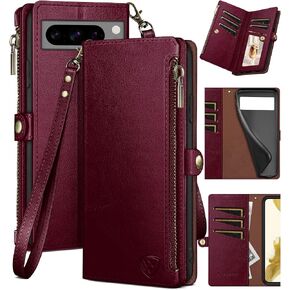XcaseBar for Google Pixel 8 Pro Wallet Case مع حامل بطاقة ائتمان Zipper 【Rfid حظر】 ، Flip Folio Book Pu Leather Phone Cover Cover Women For Pixel 8Pro Case Wine Red in Kuwait