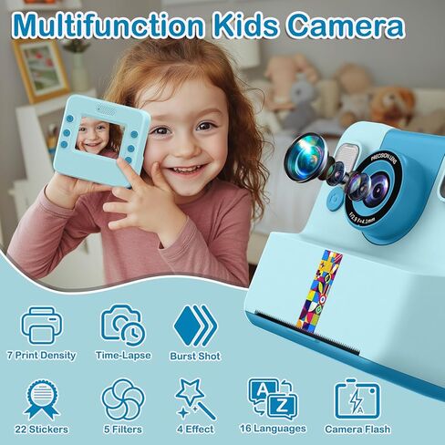 Nreonrick Kids Camera Instant Print, Selfie Digital Instant Cameras, Reversible Lens Mini Toddler Camera with 3 Roll Paper Toys for Boys Girls Age 3-12 in Christmas Birthday 32GB Card(Blue) in Saudi Arabia
