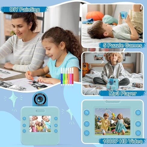 Nreonrick Kids Camera Instant Print, Selfie Digital Instant Cameras, Reversible Lens Mini Toddler Camera with 3 Roll Paper Toys for Boys Girls Age 3-12 in Christmas Birthday 32GB Card(Blue) in Saudi Arabia