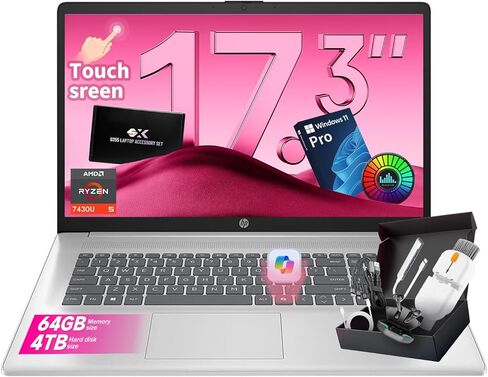 HP 17 inch Touchscreen Business laptops, Powerful AMD Ryzen 5 7430U (6 cores), Copilot Key, Wi-Fi 6, Numeric Keyboard, Windows 11 Pro, w/Accessories (64GB RAM, 2TB SSD) in Saudi Arabia