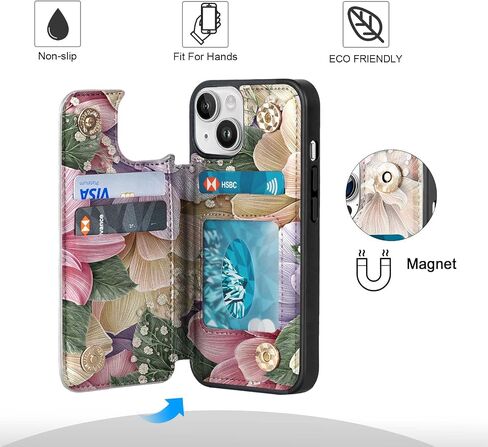 حقيبة محفظة لـ iPhone 13 ، غلاف الورقة الجلدية ، غلاف المقفل المغناطيسي مع 3 حامل بطاقة لـ iPhone 13 (A-Blossoms) in Kuwait