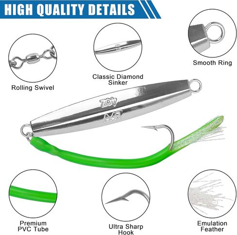 Diamond Jigs Fishing Saltwater Lures with Split Tube Tail and Stainless Steel Hook Metal Jigging Spoon Baits for Surf Fishing Bottom Bouncing Sinking Casting Jigging in Saudi Arabia