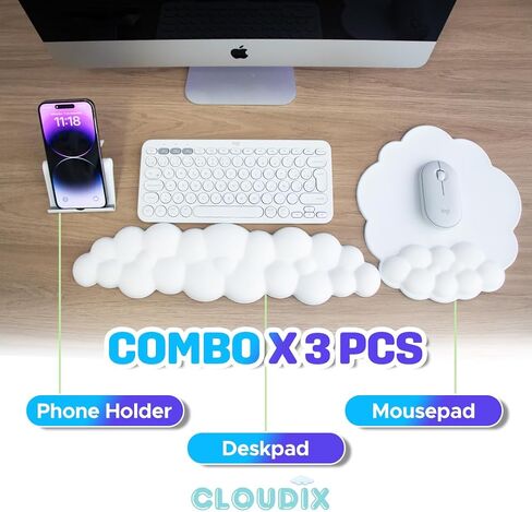 CLOUDIX Cloud Keyboard Wrist Rest Set, Mouse Pad, Phone Holder, Tablet Holder, Ergonomic Cloud Arm Wrist Pad with Memory Foam, Non-Slip Base for Typing Pain Relief, Home, Office, Laptop, Gaming (GREY) in Saudi Arabia