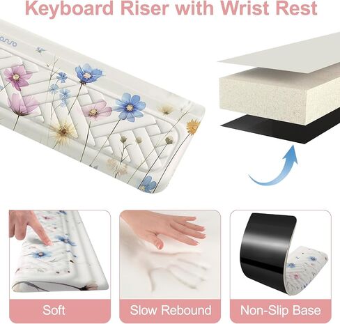 Mosiso Wrist Rest for Keyboard and Keyboard Stand Set ، Cosmos Flowers Flowers Ergonomic Wrist Rest ، وسادة خطوط المنسوجة غير المنسوجة مع حامل أكريليك سهل الطباعة للمكتب منزل ، أبيض in Saudi Arabia