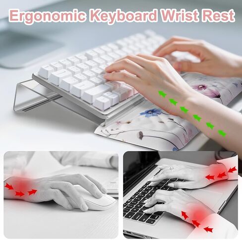 Mosiso Wrist Rest for Keyboard and Keyboard Stand Set ، Cosmos Flowers Flowers Ergonomic Wrist Rest ، وسادة خطوط المنسوجة غير المنسوجة مع حامل أكريليك سهل الطباعة للمكتب منزل ، أبيض in Saudi Arabia