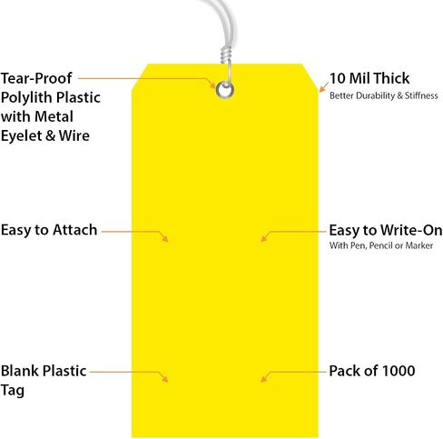 SmartSign (Pack of 1000) Yellow Plastic Tags with Wires, 6.25 x 3.125 inch, Metal Eyelet, 10 mil Tear-Proof Polylith Plastic, Writable in Kuwait