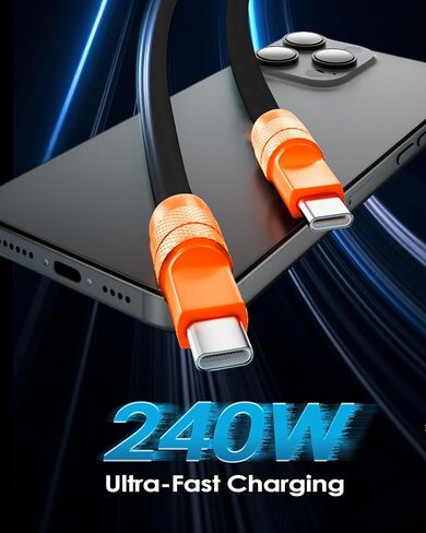 chubbycable Anodized 240W Reflective Shine Charge Cable Durable Soft Silicone USB C Cable Extra Thick Phone Charger Cord, Black+Orange,Type-C to Type-C, 9.8FT in Saudi Arabia