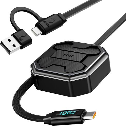 PZOZ 100W Retractable 2-in-1 Charging Cable with LED Display, Multi USB C & USB A to USB C for iPhone 17 16 15 iPad Mac Samsung for Car CarPlay Desktop Management Organizer in Saudi Arabia