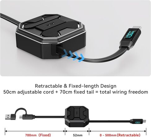PZOZ 100W Retractable 2-in-1 Charging Cable with LED Display, Multi USB C & USB A to USB C for iPhone 17 16 15 iPad Mac Samsung for Car CarPlay Desktop Management Organizer in Saudi Arabia
