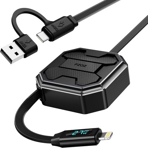 PZOZ 100W Retractable 2-in-1 Charging Cable with LED Display, Multi USB C & USB A to USB C for iPhone 17 16 15 iPad Mac Samsung for Car CarPlay Desktop Management Organizer in Saudi Arabia