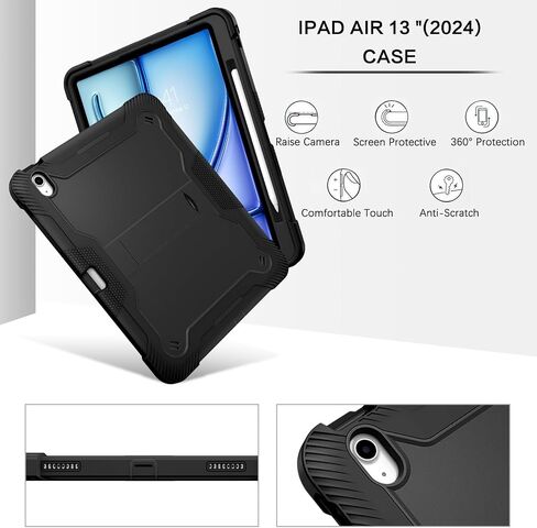Bentoben for iPad Air 13 Inch Case (2024 تم إصداره جديدًا) ، وعرة شاقة 3 في 1 Kickstand Hybrid Three Detrection Cover مع حامل قابل للتعديل لـ iPad Air 13inch ، Black in Kuwait