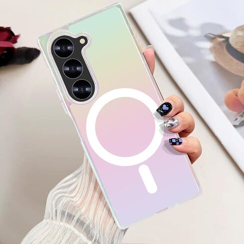 Omio Magnetic Iridescent Clear Case for Galaxy Z Flip 7 Compatible with MagSafe, [Built-in Small Screen Protector] Fluorescent Clear Crystal Laser Shockproof Cover for Women Girls, Clear Laser in Kuwait