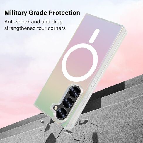 Omio Magnetic Iridescent Clear Case for Galaxy Z Flip 7 Compatible with MagSafe, [Built-in Small Screen Protector] Fluorescent Clear Crystal Laser Shockproof Cover for Women Girls, Clear Laser in Kuwait
