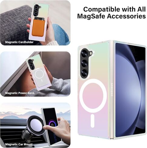 Omio Magnetic Iridescent Clear Case for Galaxy Z Flip 7 Compatible with MagSafe, [Built-in Small Screen Protector] Fluorescent Clear Crystal Laser Shockproof Cover for Women Girls, Clear Laser in Kuwait
