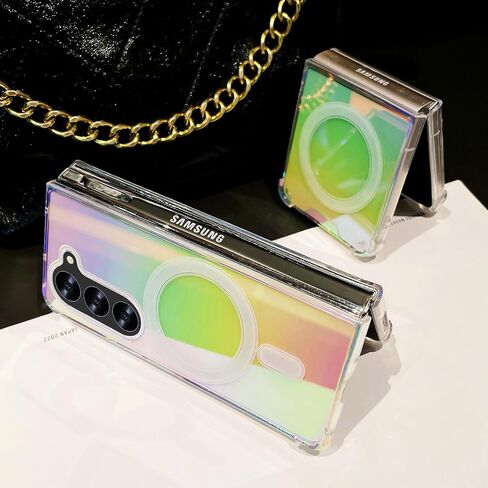 Omio Magnetic Iridescent Clear Case for Galaxy Z Flip 7 Compatible with MagSafe, [Built-in Small Screen Protector] Fluorescent Clear Crystal Laser Shockproof Cover for Women Girls, Clear Laser in Kuwait