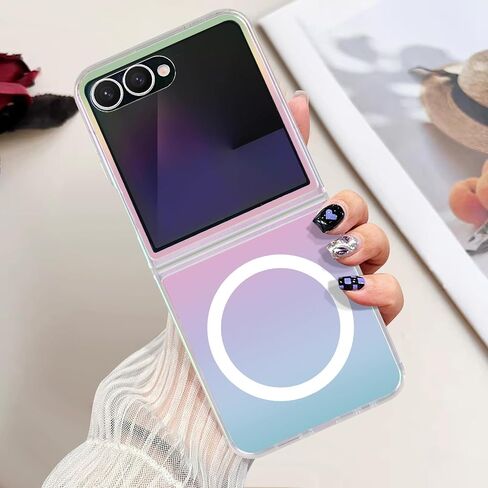Omio Magnetic Iridescent Clear Case for Galaxy Z Flip 7 Compatible with MagSafe, [Built-in Small Screen Protector] Fluorescent Clear Crystal Laser Shockproof Cover for Women Girls, Clear Laser in Kuwait