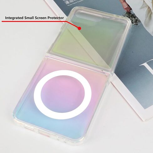 Omio Magnetic Iridescent Clear Case for Galaxy Z Flip 7 Compatible with MagSafe, [Built-in Small Screen Protector] Fluorescent Clear Crystal Laser Shockproof Cover for Women Girls, Clear Laser in Kuwait